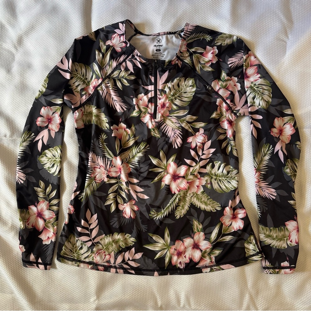 UPF50+ Women’s Small Hurley Quarter Zip Long Sleeve Floral Stretchy Lightweight